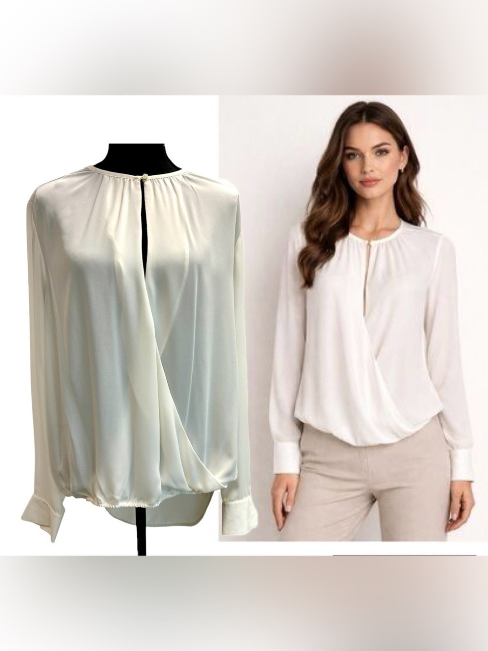 Joe Fresh Ivory white Draped wrap Keyhole Long-Sleeve Blouse Sz L